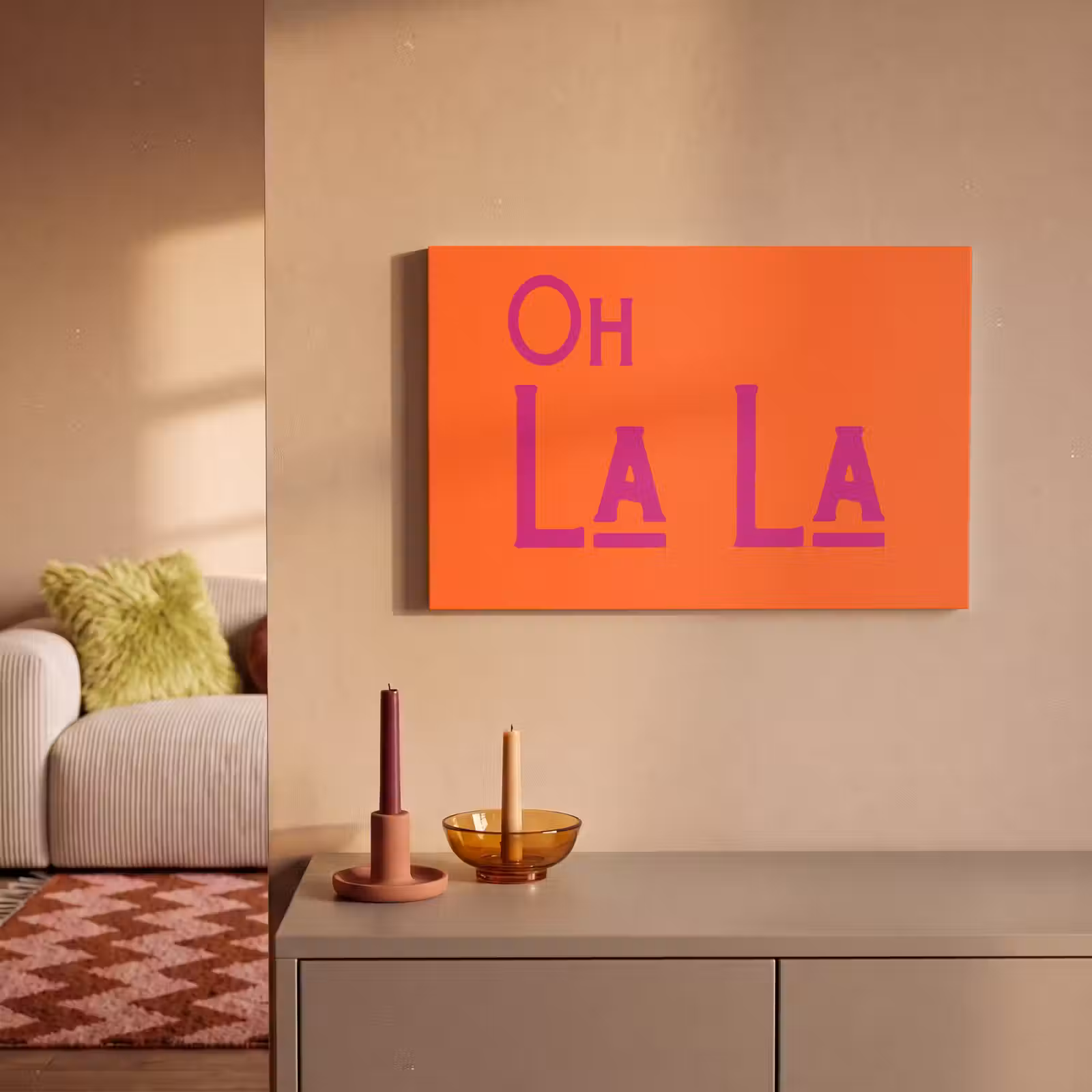 Canvas schilderij - Oh la la - Oranje - Roze - Scheeflettertype — 1