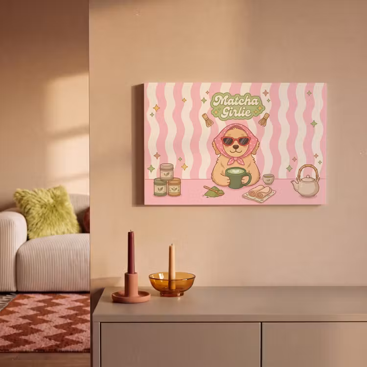 Canvas schilderij - Matcha - Hond - Roze - Groen — 1