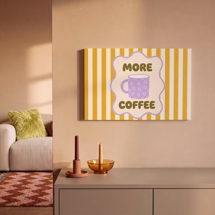 Canvas schilderij - More coffee - Geel - Paars - Strepen - Mok — 1