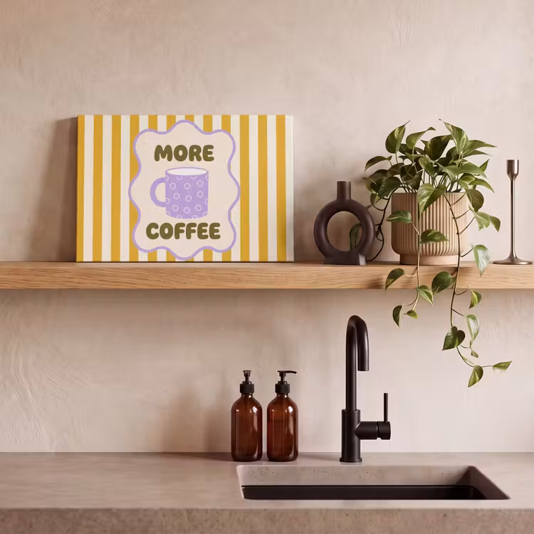 Canvas schilderij - More coffee - Geel - Paars - Strepen - Mok — 2