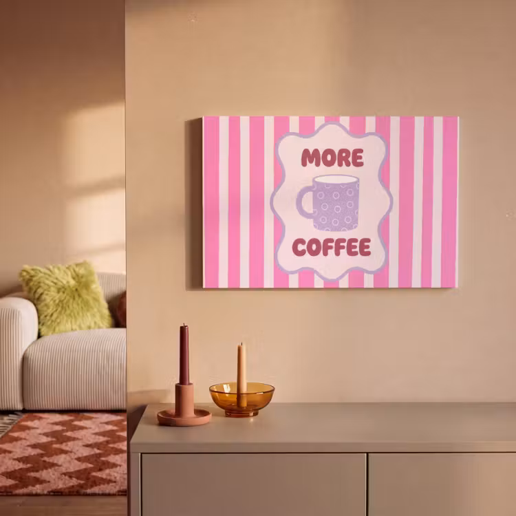 Canvas schilderij - More coffee - Roze - Paars - Strepen - Mok — 1