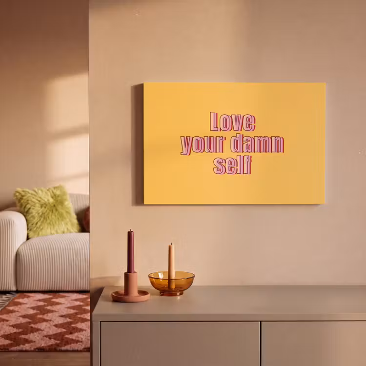 Canvas schilderij - Love yourself - Roze - Geel — 1