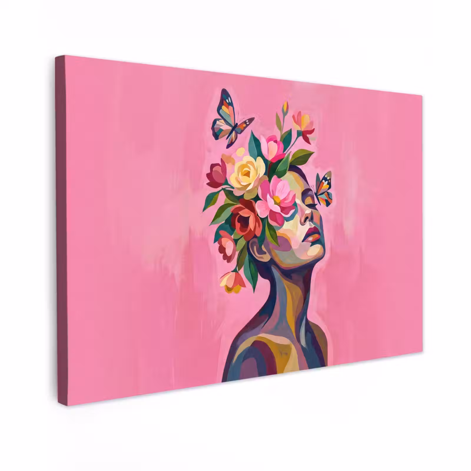Canvas schilderij - Vrouwengezicht - Vlinders - Kleurrijk — 1