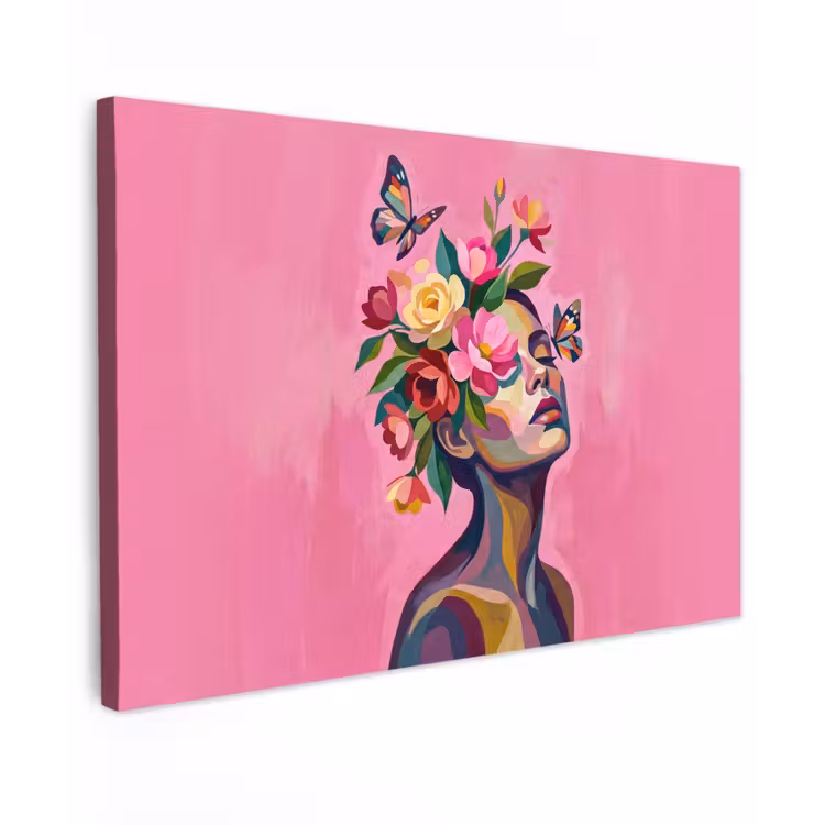 Canvas schilderij - Vrouwengezicht - Vlinders - Kleurrijk — 1