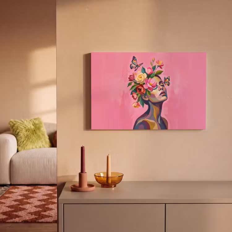 Canvas schilderij - Vrouwengezicht - Vlinders - Kleurrijk — 2
