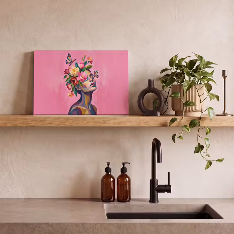 Canvas schilderij - Vrouwengezicht - Vlinders - Kleurrijk — 3