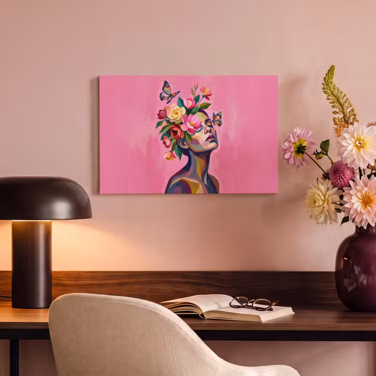 Canvas schilderij - Vrouwengezicht - Vlinders - Kleurrijk — 4