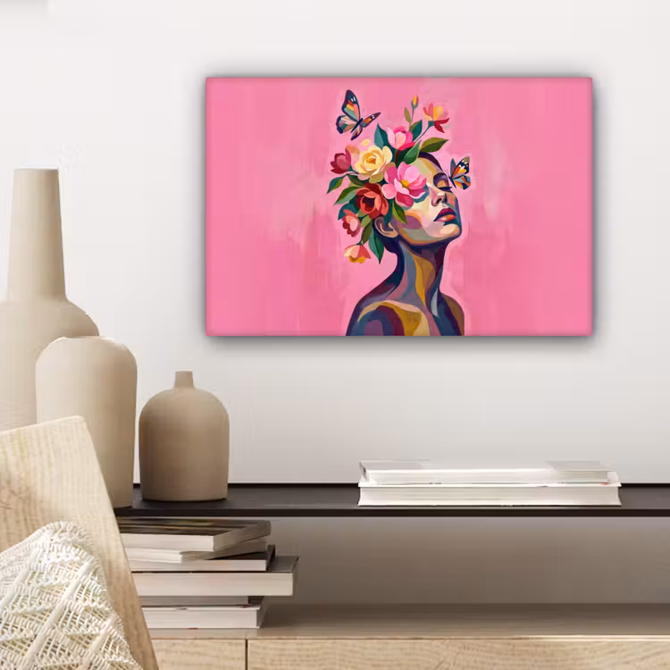 Canvas schilderij - Vrouwengezicht - Vlinders - Kleurrijk — 5