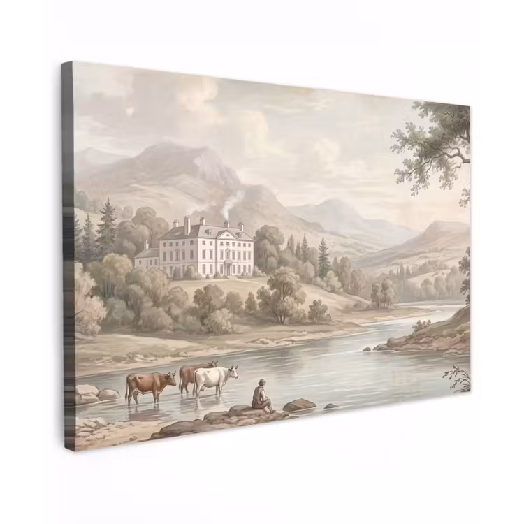 Canvas schilderij - Landhuis - Rivier - Vee — 1