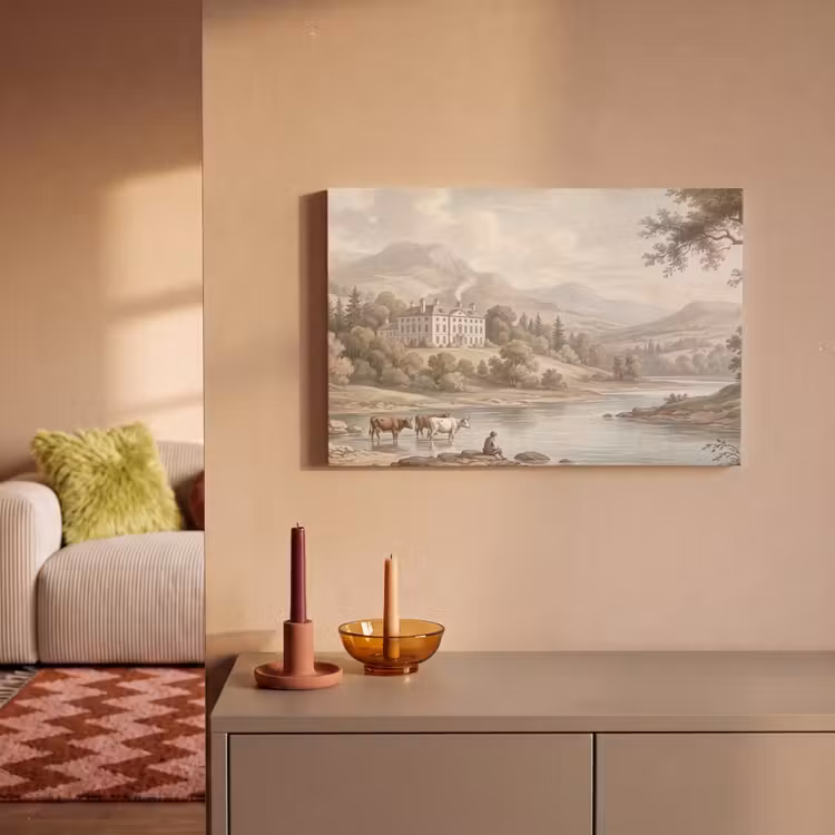 Canvas schilderij - Landhuis - Rivier - Vee — 2