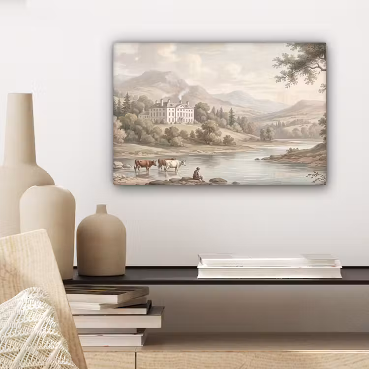 Canvas schilderij - Landhuis - Rivier - Vee — 5