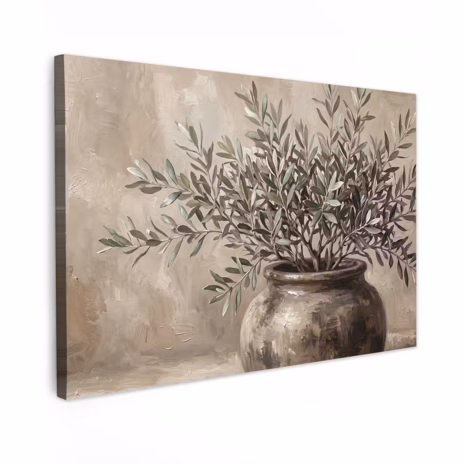 Canvas schilderij - Olijfplant - Aardenpot - Abstract - Beige — 1