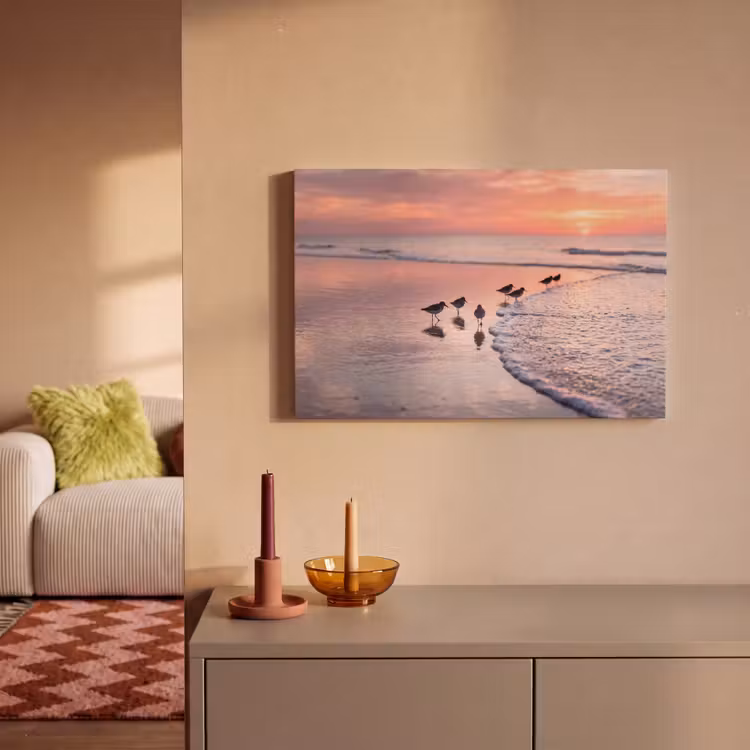 Canvas schilderij - Meeuwen - Strand - Zee - Roze — 2
