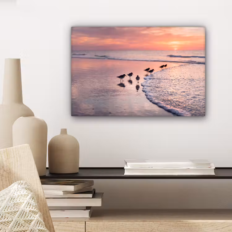 Canvas schilderij - Meeuwen - Strand - Zee - Roze — 5