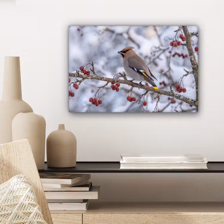 Canvas schilderij - Pestvogel - Bessen - Winter - Natuur — 5