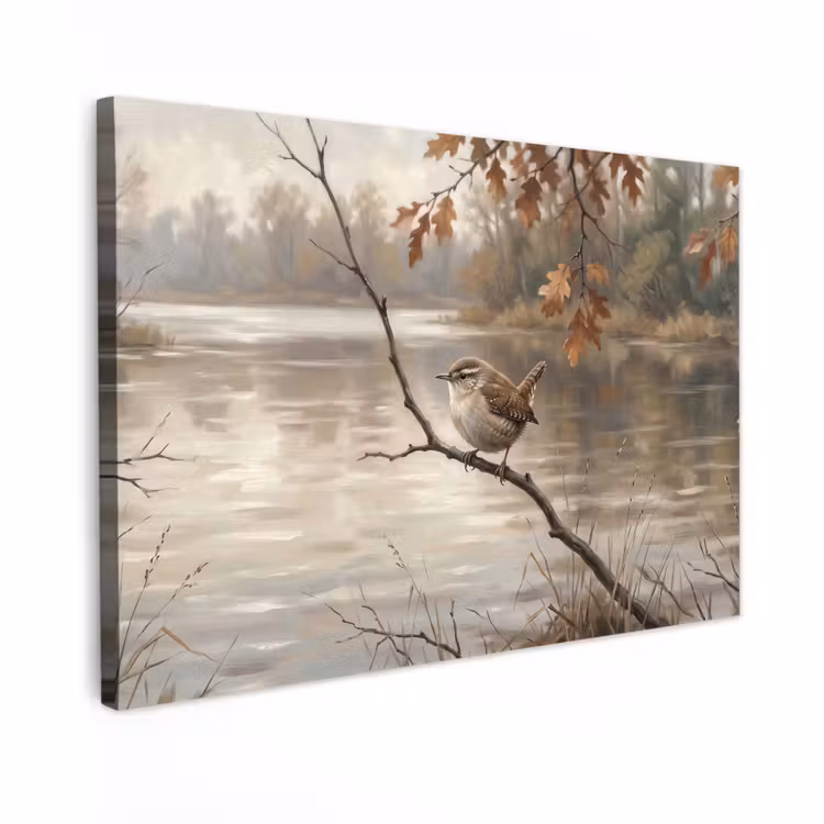 Canvas schilderij - Winterkoninkje - Tak - Rivier - Natuur - Sfeervol — 1