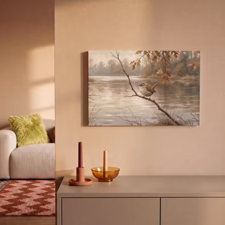 Canvas schilderij - Winterkoninkje - Tak - Rivier - Natuur - Sfeervol — 2