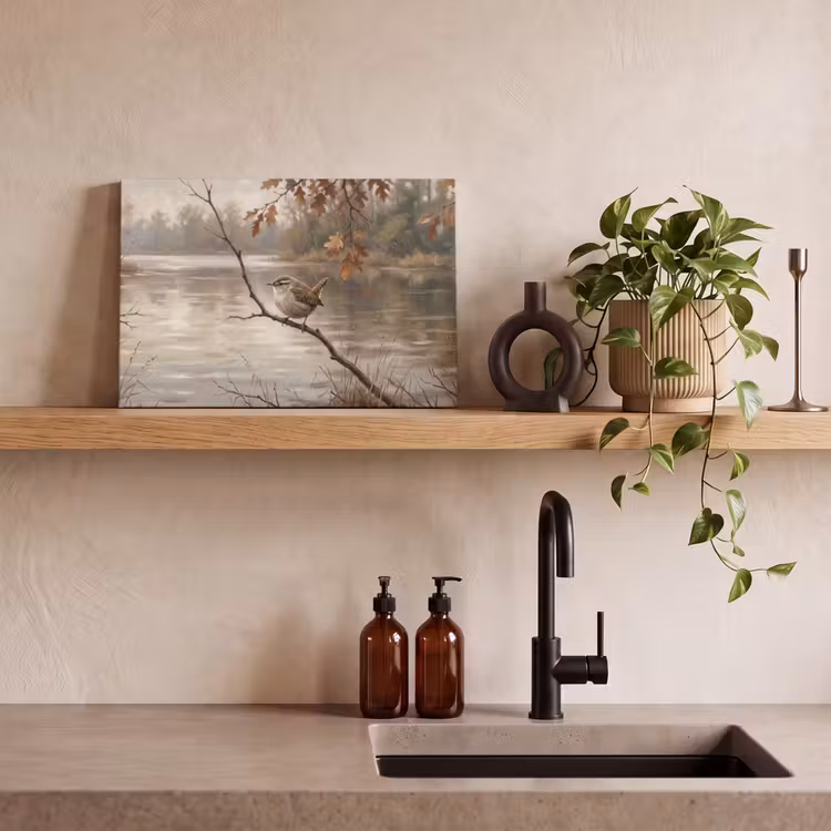 Canvas schilderij - Winterkoninkje - Tak - Rivier - Natuur - Sfeervol — 3