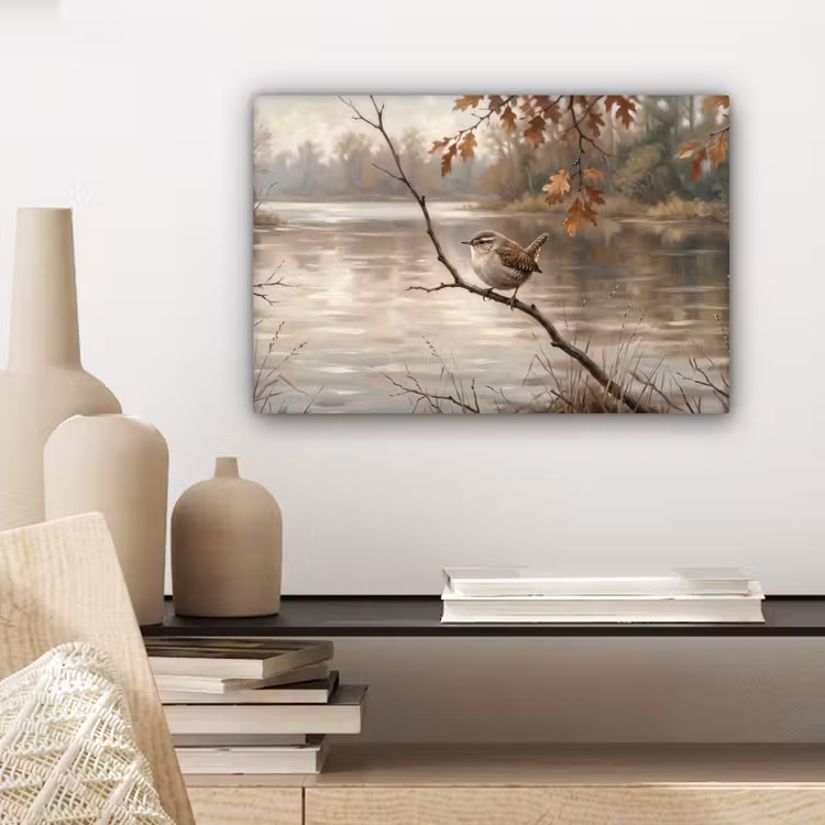 Canvas schilderij - Winterkoninkje - Tak - Rivier - Natuur - Sfeervol — 5