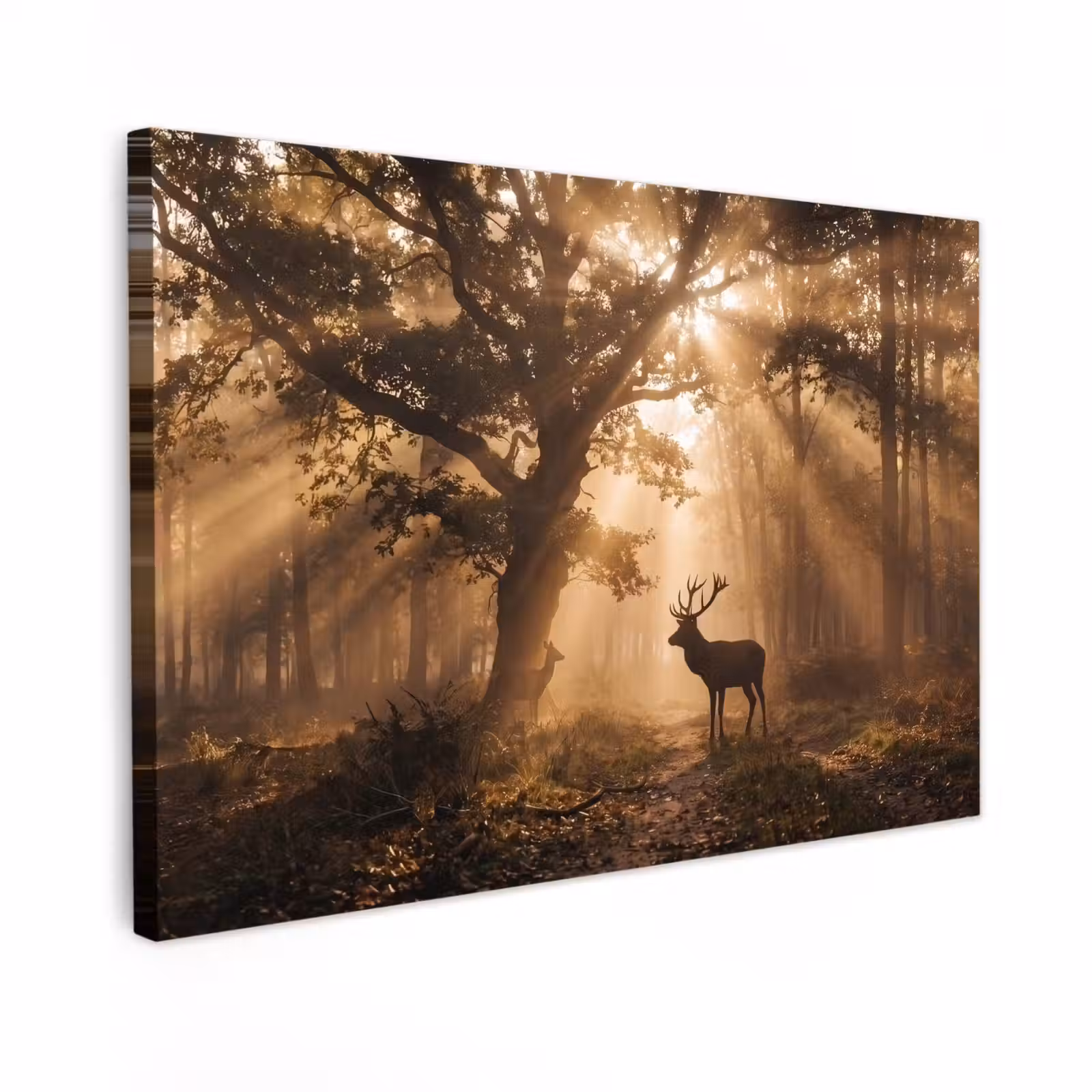 Canvas schilderij - Hert - Bos - Mistig - Natuur - Goud — 1