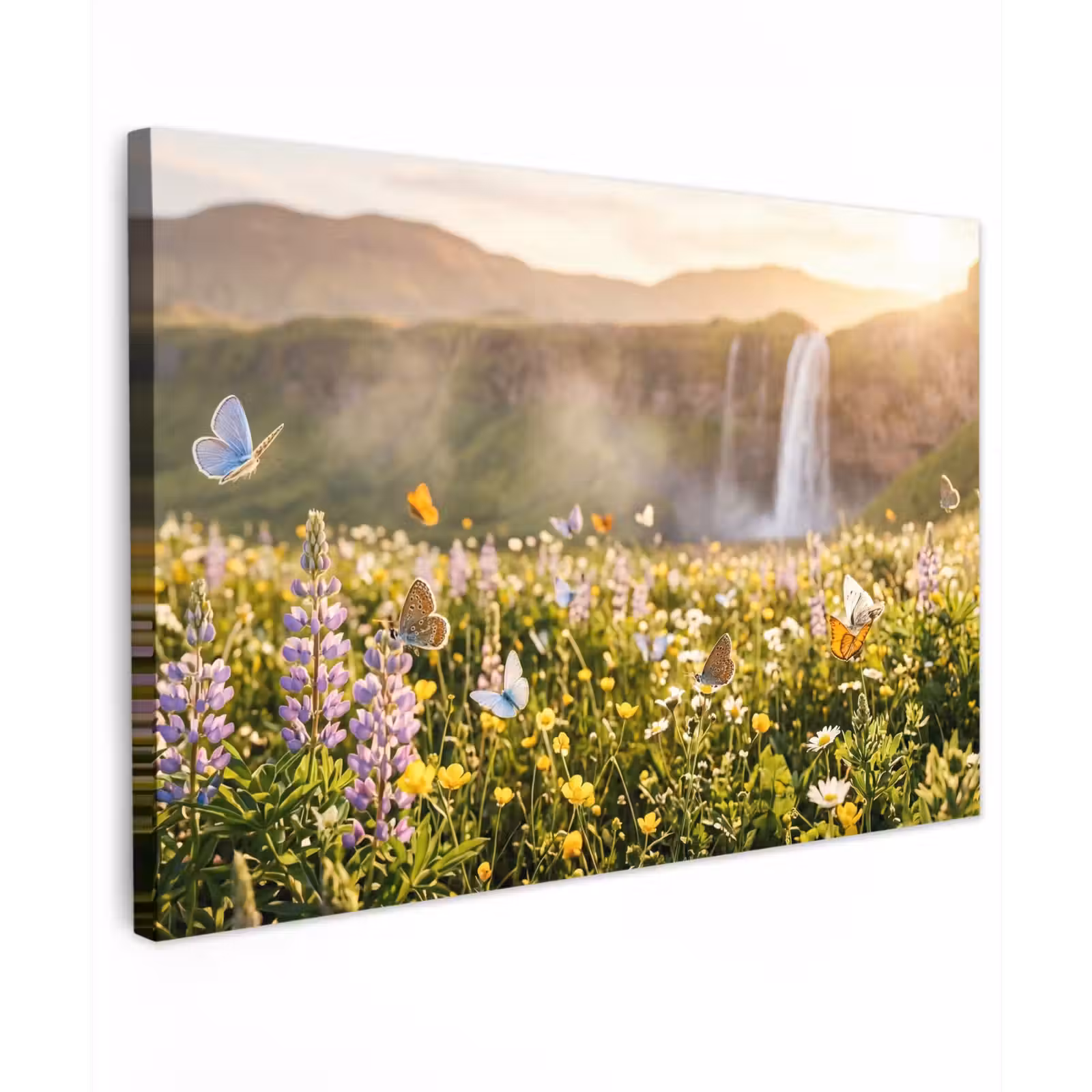 Canvas schilderij - Vlinders - Waterval - Bloemenveld — 1