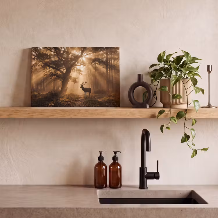 Canvas schilderij - Hert - Bos - Mistig - Natuur - Goud — 3
