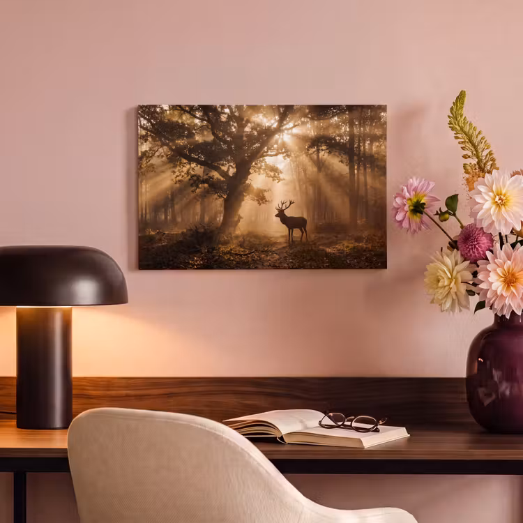 Canvas schilderij - Hert - Bos - Mistig - Natuur - Goud — 4