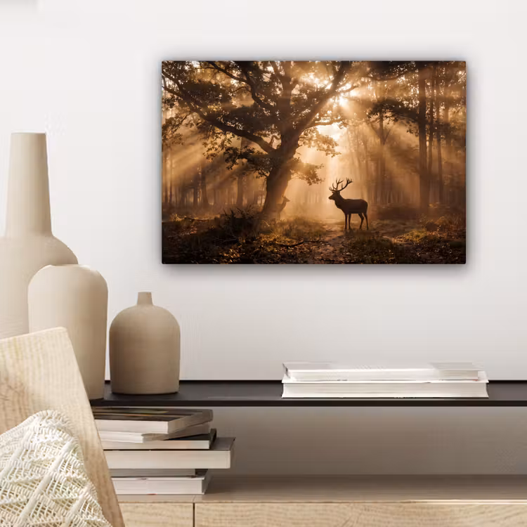 Canvas schilderij - Hert - Bos - Mistig - Natuur - Goud — 5