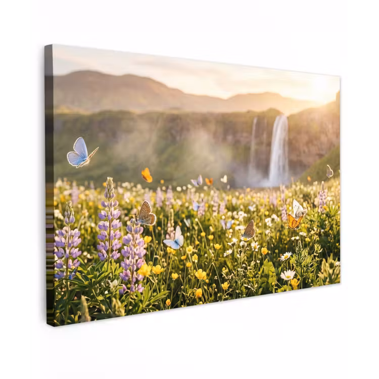 Canvas schilderij - Vlinders - Waterval - Bloemenveld — 1