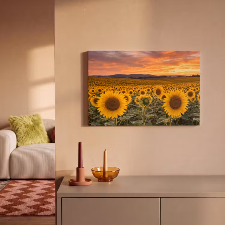 Canvas schilderij - Zonnebloemen - Heuvellandschap - Geel — 2