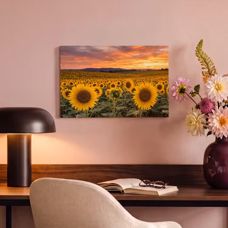 Canvas schilderij - Zonnebloemen - Heuvellandschap - Geel — 4