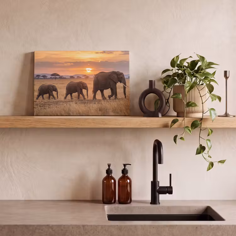 Canvas schilderij - Olifanten - Savanne - Zonsondergang - Afrika - Warm — 3