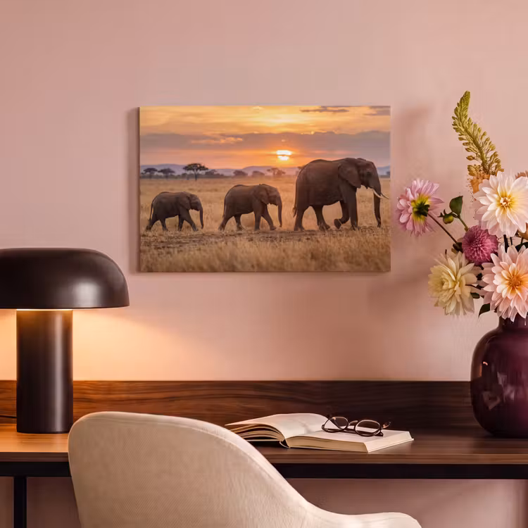 Canvas schilderij - Olifanten - Savanne - Zonsondergang - Afrika - Warm — 4
