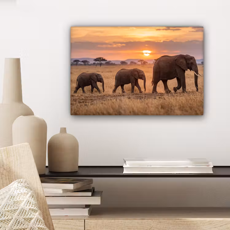 Canvas schilderij - Olifanten - Savanne - Zonsondergang - Afrika - Warm — 5