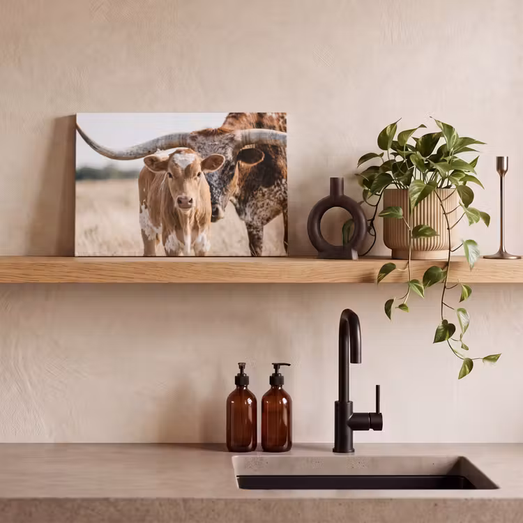 Canvas schilderij - Texas Longhorn - Kalf - Weide - Dieren — 3