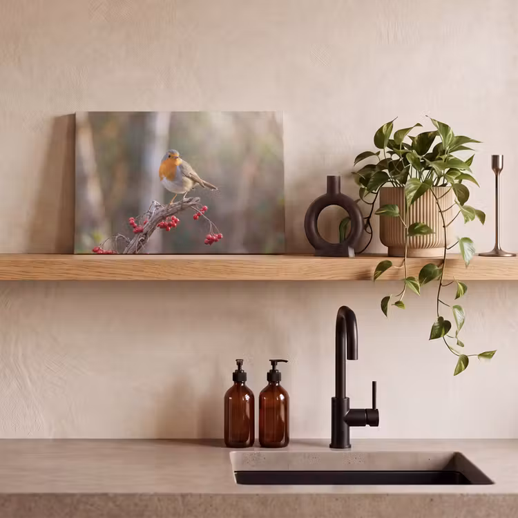 Canvas schilderij - Roodborst - Tak - Bessen - Natuur — 3