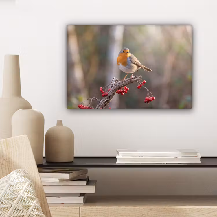Canvas schilderij - Roodborst - Tak - Bessen - Natuur — 5