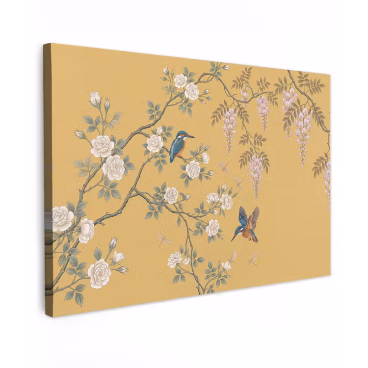 Canvas schilderij - IJsvogels - Bloesem - Geel — 1