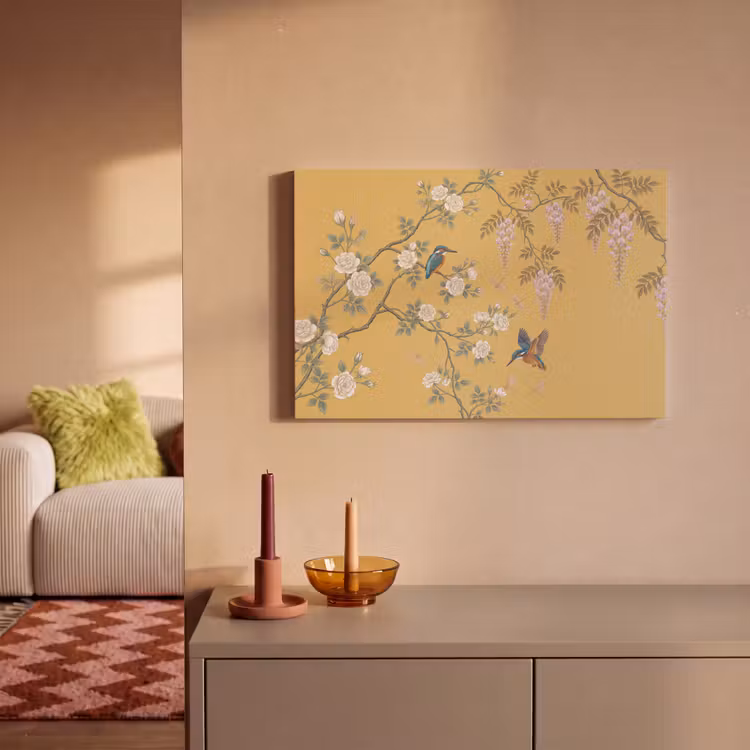 Canvas schilderij - IJsvogels - Bloesem - Geel — 2