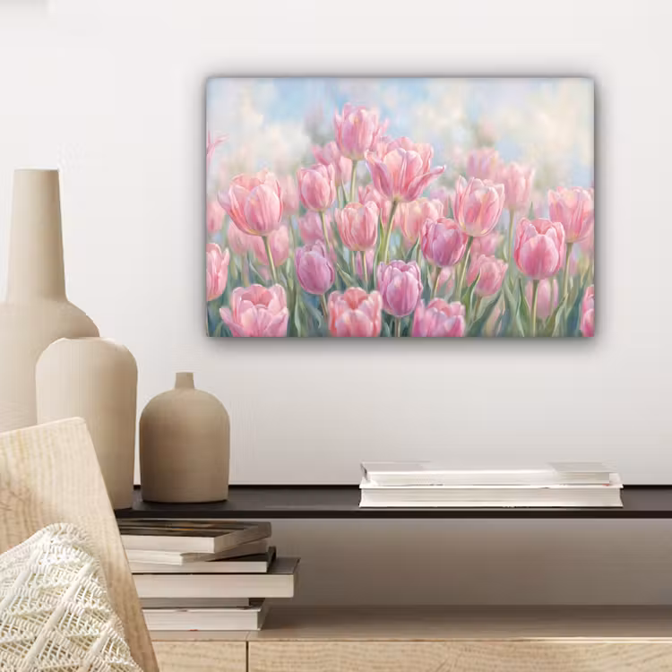 Canvas schilderij - Tulpen - Veld - Lente - Roze — 5