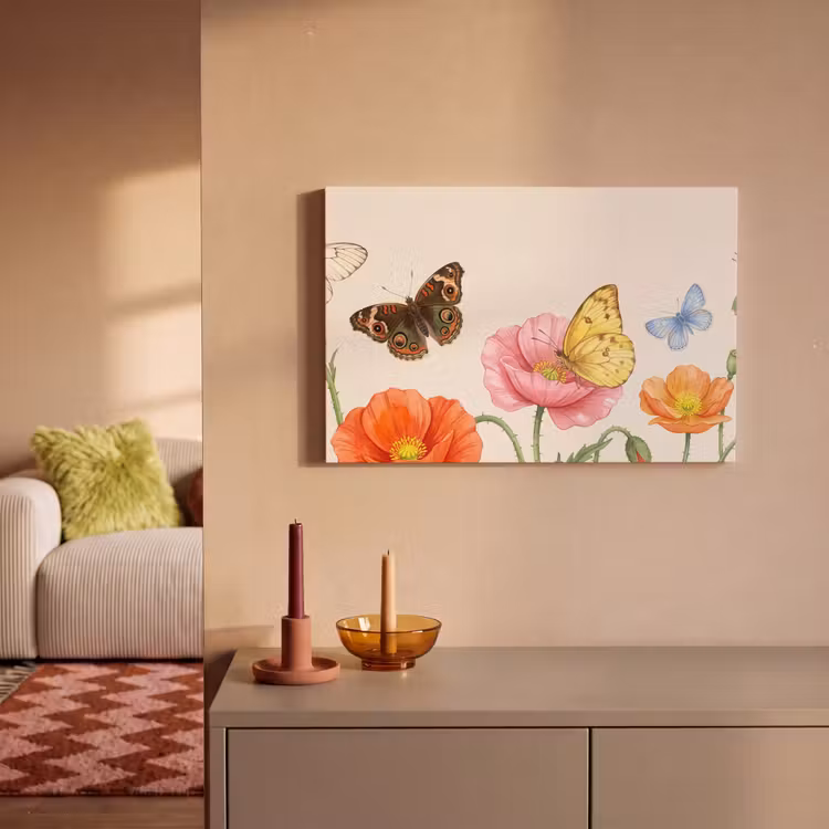 Canvas schilderij - Vlinders - Klaprozen - Illustratie - Kleurrijk — 2
