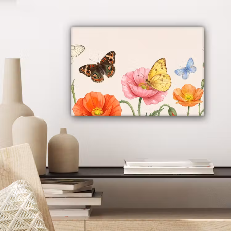 Canvas schilderij - Vlinders - Klaprozen - Illustratie - Kleurrijk — 5