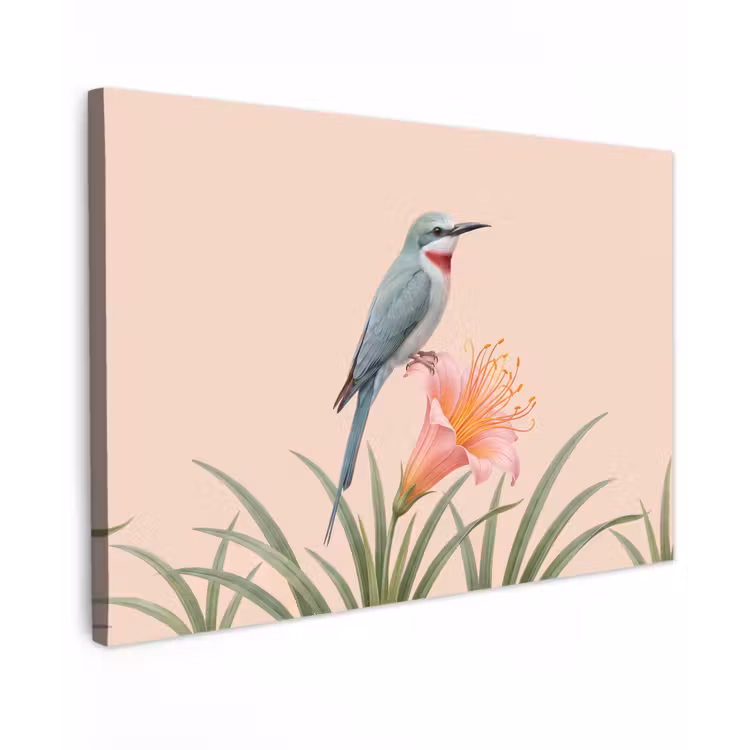 Canvas schilderij - Vogel - Bloem - Natuur - Roze — 1