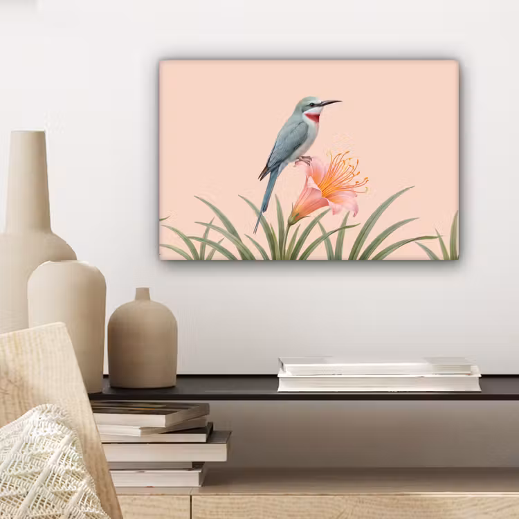Canvas schilderij - Vogel - Bloem - Natuur - Roze — 5