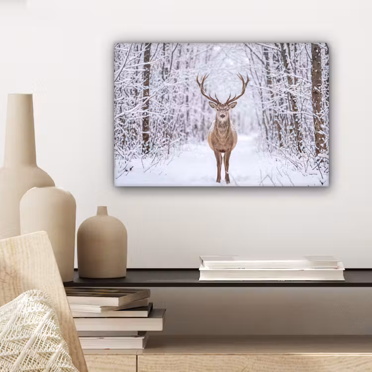Canvas schilderij - Hert - Winter - Bos - Natuur - Wit — 5