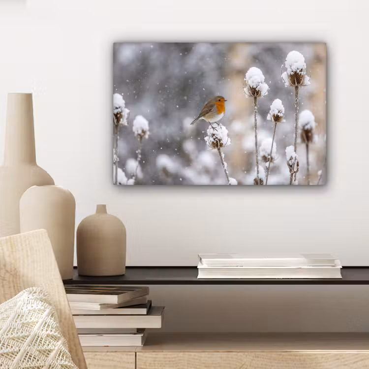 Canvas schilderij - Roodborstje - Gedroogde bloem - Sneeuw - Winter - Vertederend — 5