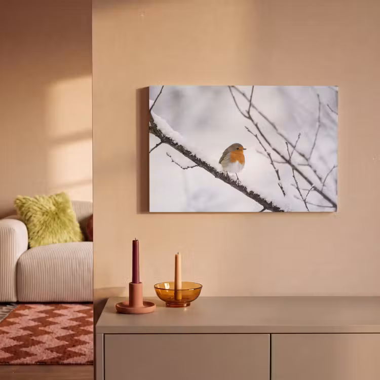 Canvas schilderij - Roodborstje - Tak - Sneeuw - Winter - Levendig — 2