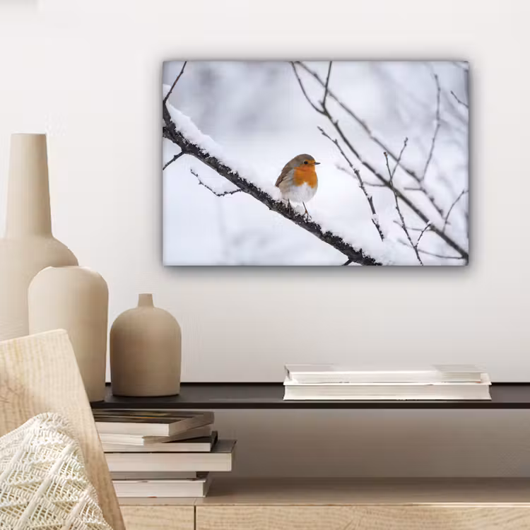 Canvas schilderij - Roodborstje - Tak - Sneeuw - Winter - Levendig — 5