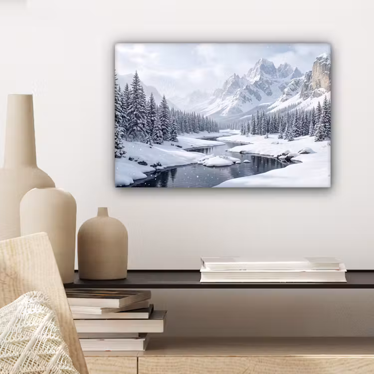 Canvas schilderij - Sneeuwlandschap - Bergen - Rivier - Winter — 5