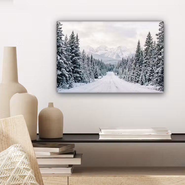 Canvas schilderij - Weg - Sneeuw - Naaldbos - Winter - Avontuurlijk — 5